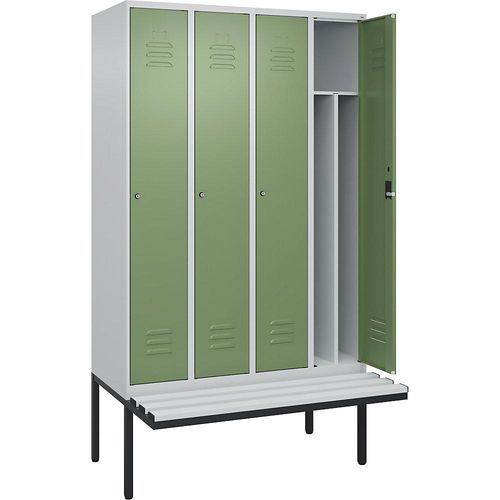 4066681788404 - Schwarz-Weiß-Spind Classic PLUS Sitzbank schmal 4 Abteile Trennwand verkürzt lichtgrau resedagrün B 1200 mm Zylinderschloss auskragend Kunststoff C+P 4066681788404 - Schwarz-Weiß-Spind Classic PLUS Sitzbank schmal 4 Abteile Trennwand verkürzt lichtgrau resedagrün B 1200 mm Zylinderschloss auskragend Kunststoff C+P