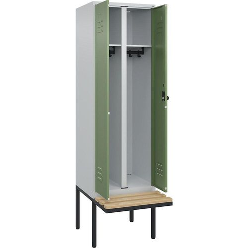 4066681742055 - Schwarz-Weiß-Spind Classic PLUS Sitzbank 1 Abteil lichtgrau   resedagrün B 600 mm Sicherheits-Drehriegel auskragend Buche-Hartholz C+P