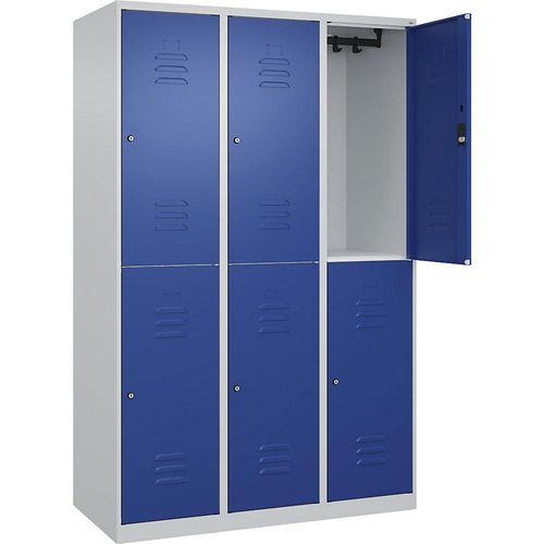 4067521372524 - Doppelstock-Spind Classic PLUS 3 Abteile lichtgrau   enzianblau HxB 1850 x 1200 mm mit Bodengleitern Zylinderschloss