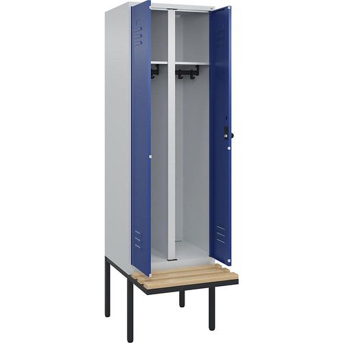 4066681742024 - Schwarz-Weiß-Spind Classic PLUS Sitzbank 1 Abteil lichtgrau   enzianblau B 600 mm Sicherheits-Drehriegel auskragend Buche-Hartholz C+P