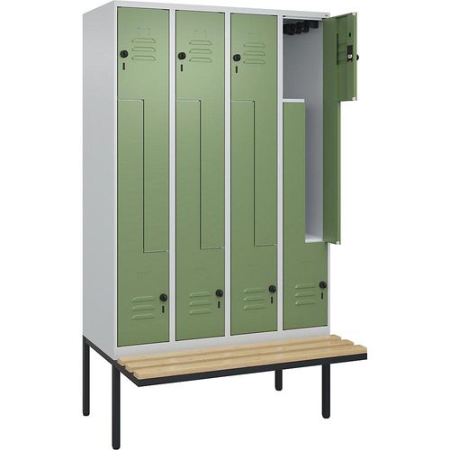 4067521116432 - Z-Spind Classic PLUS Sitzbank 4 Abteile lichtgrau   resedagrün B 1200 mm Sicherheits-Drehriegel auskragend Buche-Hartholz C+P