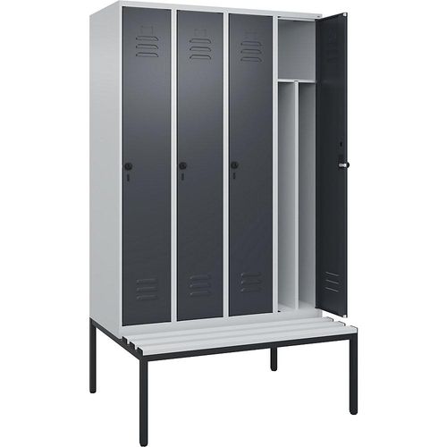 4066681793835 - Schwarz-Weiß-Spind Classic PLUS Sitzbank schmal 4 Abteile Trennwand verkürzt lichtgrau   grau B 1200 mm Sicherheits-Drehriegel untergebaut Kunststoff C+P