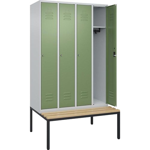 4066681828353 - Spind Classic PLUS Sitzbank 4 Abteile lichtgrau resedagrün B 1200 mm Zylinderschloss untergebaut Buche-Hartholz C+P 4066681828353 - Spind Classic PLUS Sitzbank 4 Abteile lichtgrau resedagrün B 1200 mm Zylinderschloss untergebaut Buche-Hartholz C+P