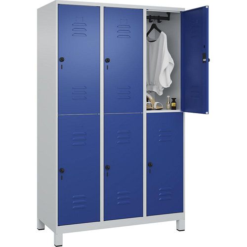 4066681622371 - Doppelstock-Spind Classic PLUS 3 Abteile lichtgrau   enzianblau HxB 1950 x 1200 mm mit Füßen Drehriegel C+P