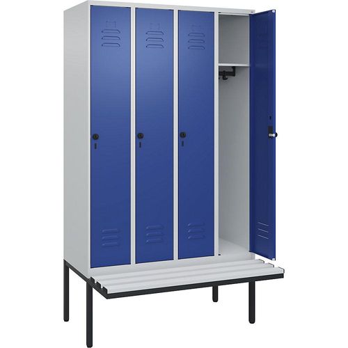 4066681788220 - Spind Classic PLUS Sitzbank 4 Abteile lichtgrau   enzianblau B 1200 mm Sicherheits-Drehriegel auskragend Kunststoff C+P