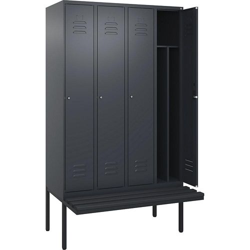 4066681788466 - Schwarz-Weiß-Spind Classic PLUS Sitzbank schmal 4 Abteile Trennwand verkürzt grau B 1200 mm Zylinderschloss auskragend Kunststoff C+P