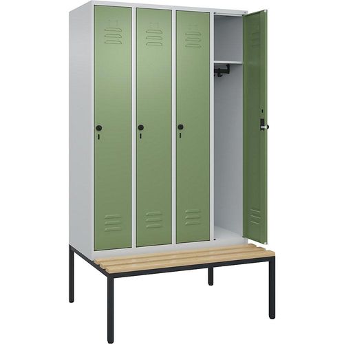 4066681745346 - Spind Classic PLUS Sitzbank 4 Abteile lichtgrau resedagrün B 1200 mm Sicherheits-Drehriegel untergebaut Buche-Hartholz C+P 4066681745346 - Spind Classic PLUS Sitzbank 4 Abteile lichtgrau resedagrün B 1200 mm Sicherheits-Drehriegel untergebaut Buche-Hartholz C+P