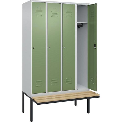 4066681827370 - Spind Classic PLUS Sitzbank 4 Abteile lichtgrau   resedagrün B 1200 mm Zylinderschloss auskragend Buche-Hartholz C+P