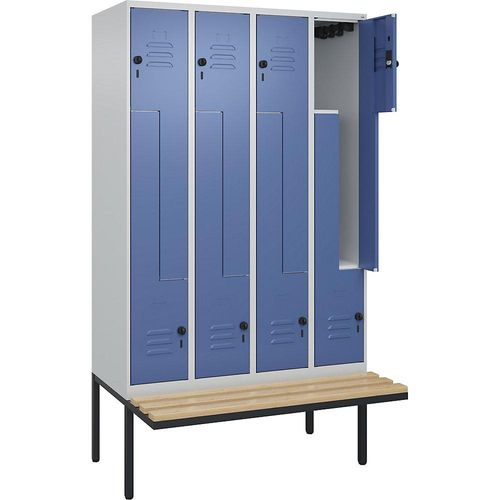 4067521116425 - Z-Spind Classic PLUS Sitzbank 4 Abteile lichtgrau   fernblau B 1200 mm Sicherheits-Drehriegel auskragend Buche-Hartholz C+P