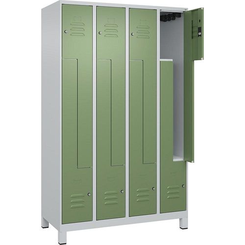 4066681915848 - Z-Spind Classic PLUS 4 Abteile lichtgrau resedagrün B 1200 mm mit Füßen Zylinderschloss 4066681915848 - Z-Spind Classic PLUS 4 Abteile lichtgrau resedagrün B 1200 mm mit Füßen Zylinderschloss