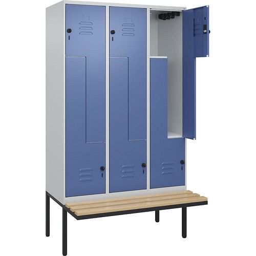 4067521115824 - Z-Spind Classic PLUS Sitzbank 3 Abteile lichtgrau   fernblau B 1200 mm Sicherheits-Drehriegel auskragend Buche-Hartholz C+P