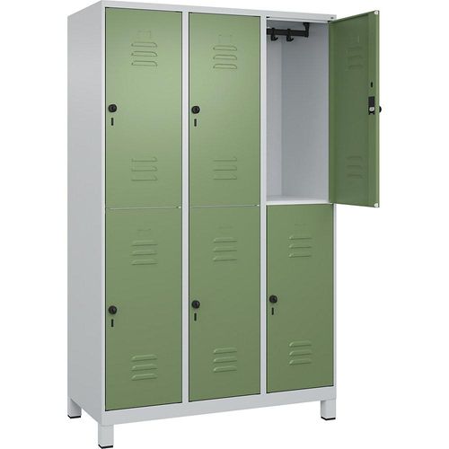 4066681622401 - Doppelstock-Spind Classic PLUS 3 Abteile lichtgrau   resedagrün HxB 1950 x 1200 mm mit Füßen Drehriegel