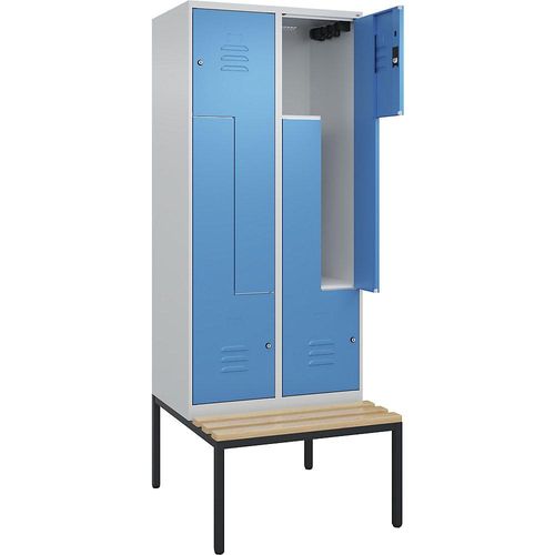 4067521118962 - Z-Spind Classic PLUS Sitzbank 2 Abteile lichtgrau   lichtblau B 800 mm Zylinderschloss untergebaut Buche-Hartholz C+P