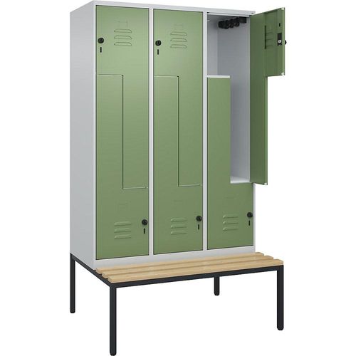 4067521120033 - Z-Spind Classic PLUS Sitzbank 3 Abteile lichtgrau   resedagrün B 1200 mm Sicherheits-Drehriegel untergebaut Buche-Hartholz C+P