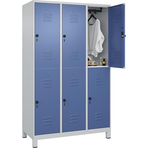 4066681622395 - Doppelstock-Spind Classic PLUS 3 Abteile lichtgrau   fernblau HxB 1950 x 1200 mm mit Füßen Drehriegel