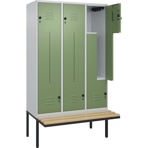 4067521115831 - Z-Spind Classic PLUS Sitzbank 3 Abteile lichtgrau   resedagrün B 1200 mm Sicherheits-Drehriegel auskragend Buche-Hartholz C+P