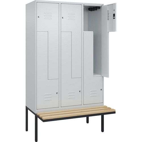 4067521116012 - Z-Spind Classic PLUS Sitzbank 3 Abteile lichtgrau B 1200 mm Zylinderschloss auskragend Buche-Hartholz C+P