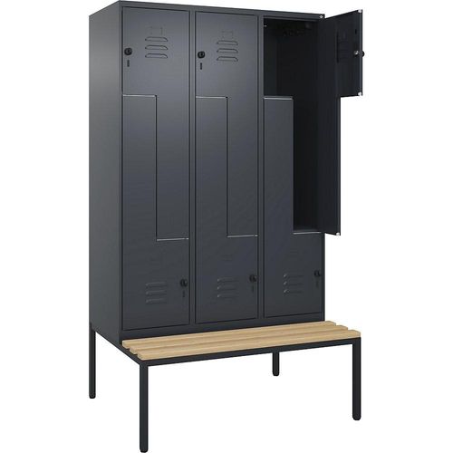 4067521120095 - Z-Spind Classic PLUS Sitzbank 3 Abteile grau B 1200 mm Sicherheits-Drehriegel untergebaut Buche-Hartholz C+P
