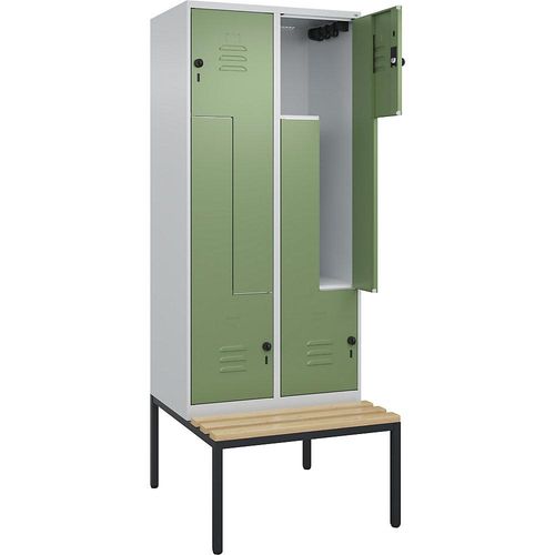 4067521118832 - Z-Spind Classic PLUS Sitzbank 2 Abteile lichtgrau   resedagrün B 800 mm Sicherheits-Drehriegel untergebaut Buche-Hartholz C+P