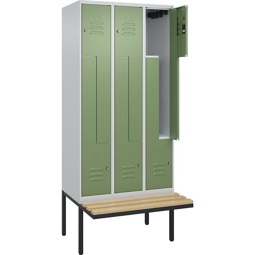 4067521115381 - Z-Spind Classic PLUS Sitzbank 3 Abteile lichtgrau resedagrün B 900 mm Zylinderschloss auskragend Buche-Hartholz C+P 4067521115381 - Z-Spind Classic PLUS Sitzbank 3 Abteile lichtgrau resedagrün B 900 mm Zylinderschloss auskragend Buche-Hartholz C+P
