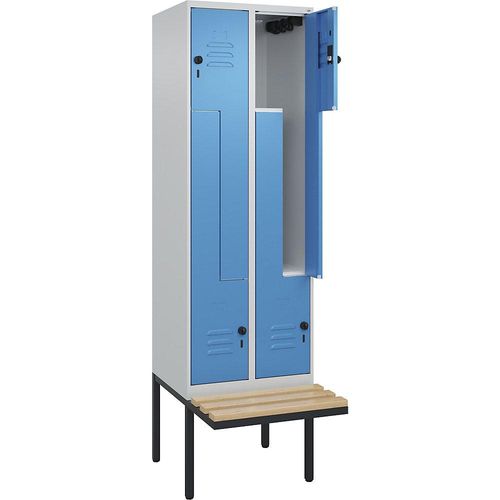 4067521114018 - Z-Spind Classic PLUS Sitzbank 2 Abteile lichtgrau   lichtblau B 600 mm Sicherheits-Drehriegel auskragend Buche-Hartholz C+P