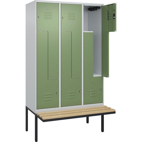 4067521115985 - Z-Spind Classic PLUS Sitzbank 3 Abteile lichtgrau resedagrün B 1200 mm Zylinderschloss auskragend Buche-Hartholz C+P 4067521115985 - Z-Spind Classic PLUS Sitzbank 3 Abteile lichtgrau resedagrün B 1200 mm Zylinderschloss auskragend Buche-Hartholz C+P