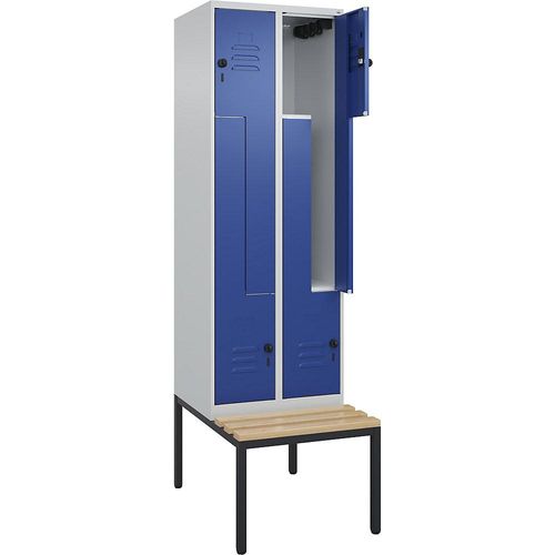 4067521118207 - Z-Spind Classic PLUS Sitzbank 2 Abteile lichtgrau   enzianblau B 600 mm Sicherheits-Drehriegel untergebaut Buche-Hartholz C+P