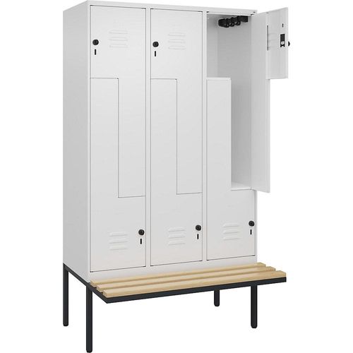 4067521115916 - Z-Spind Classic PLUS Sitzbank 3 Abteile verkehrsweiß B 1200 mm Sicherheits-Drehriegel auskragend Buche-Hartholz C+P
