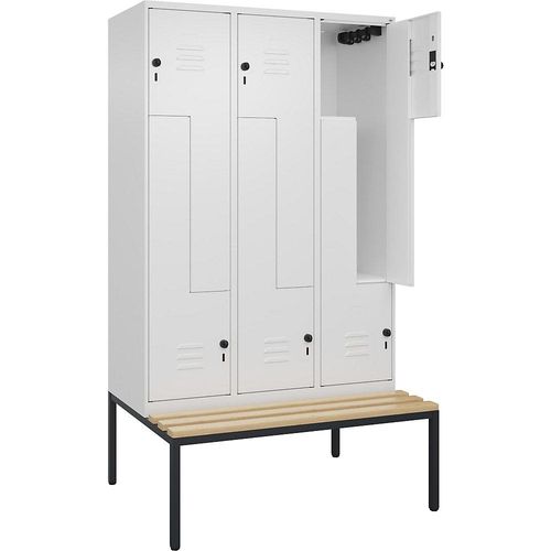 4067521120118 - Z-Spind Classic PLUS Sitzbank 3 Abteile verkehrsweiß B 1200 mm Sicherheits-Drehriegel untergebaut Buche-Hartholz C+P