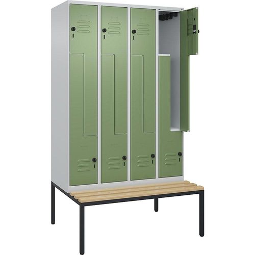 4067521120637 - Z-Spind Classic PLUS Sitzbank 4 Abteile lichtgrau   resedagrün B 1200 mm Sicherheits-Drehriegel untergebaut Buche-Hartholz C+P
