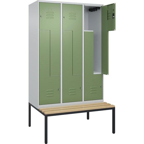 4067521120187 - Z-Spind Classic PLUS Sitzbank 3 Abteile lichtgrau   resedagrün B 1200 mm Zylinderschloss untergebaut Buche-Hartholz C+P