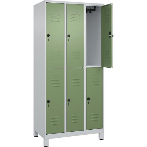 4066681621800 - Doppelstock-Spind Classic PLUS 3 Abteile lichtgrau   resedagrün HxB 1950 x 900 mm mit Füßen Drehriegel