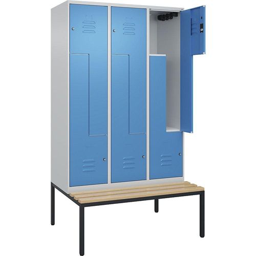 4067521120163 - Z-Spind Classic PLUS Sitzbank 3 Abteile lichtgrau   lichtblau B 1200 mm Zylinderschloss untergebaut Buche-Hartholz C+P