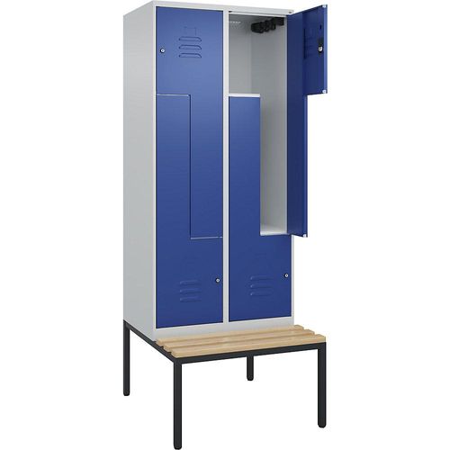 4067521118955 - Z-Spind Classic PLUS Sitzbank 2 Abteile lichtgrau   enzianblau B 800 mm Zylinderschloss untergebaut Buche-Hartholz C+P