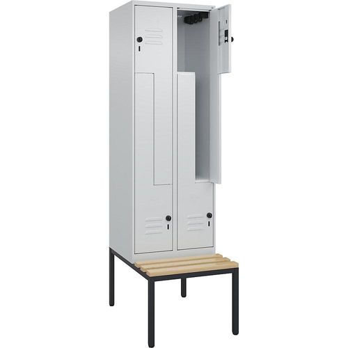 4067521118269 - Z-Spind Classic PLUS Sitzbank 2 Abteile lichtgrau B 600 mm Sicherheits-Drehriegel untergebaut Buche-Hartholz C+P