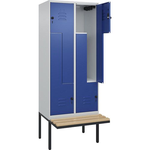 4067521114605 - Z-Spind Classic PLUS Sitzbank 2 Abteile lichtgrau   enzianblau B 800 mm Sicherheits-Drehriegel auskragend Buche-Hartholz C+P