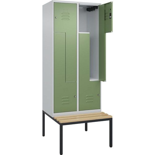 4067521118986 - Z-Spind Classic PLUS Sitzbank 2 Abteile lichtgrau   resedagrün B 800 mm Zylinderschloss untergebaut Buche-Hartholz C+P