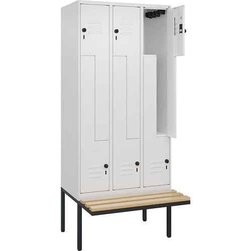4067521115312 - Z-Spind Classic PLUS Sitzbank 3 Abteile verkehrsweiß B 900 mm Sicherheits-Drehriegel auskragend Buche-Hartholz C+P
