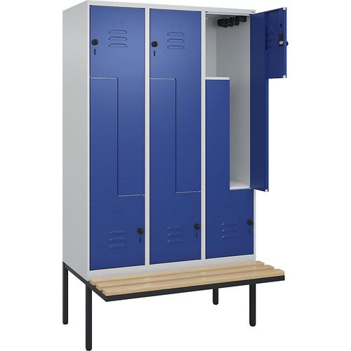 4067521115800 - Z-Spind Classic PLUS Sitzbank 3 Abteile lichtgrau enzianblau B 1200 mm Sicherheits-Drehriegel auskragend Buche-Hartholz C+P 4067521115800 - Z-Spind Classic PLUS Sitzbank 3 Abteile lichtgrau enzianblau B 1200 mm Sicherheits-Drehriegel auskragend Buche-Hartholz C+P