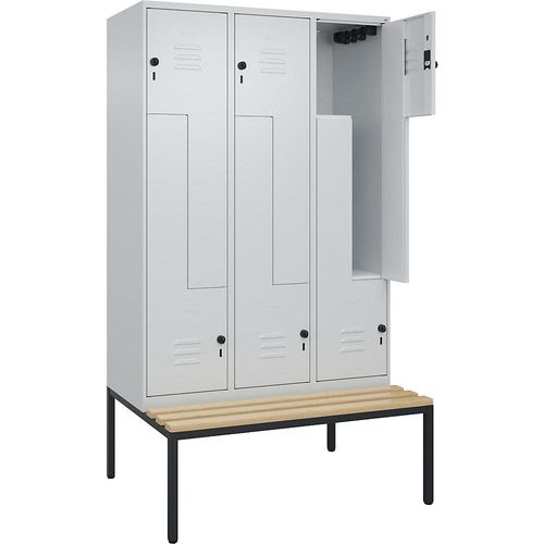 4067521120064 - Z-Spind Classic PLUS Sitzbank 3 Abteile lichtgrau B 1200 mm Sicherheits-Drehriegel untergebaut Buche-Hartholz C+P