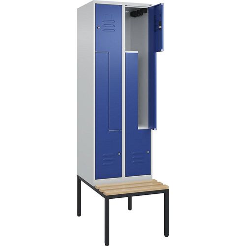 4067521118351 - Z-Spind Classic PLUS Sitzbank 2 Abteile lichtgrau   enzianblau B 600 mm Zylinderschloss untergebaut Buche-Hartholz C+P