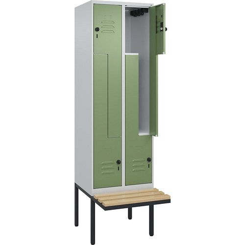 4067521114032 - Z-Spind Classic PLUS Sitzbank 2 Abteile lichtgrau   resedagrün B 600 mm Sicherheits-Drehriegel auskragend Buche-Hartholz C+P