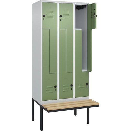 4067521115237 - Z-Spind Classic PLUS Sitzbank 3 Abteile lichtgrau   resedagrün B 900 mm Sicherheits-Drehriegel auskragend Buche-Hartholz C+P