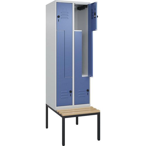 4067521118221 - Z-Spind Classic PLUS Sitzbank 2 Abteile lichtgrau   fernblau B 600 mm Sicherheits-Drehriegel untergebaut Buche-Hartholz C+P