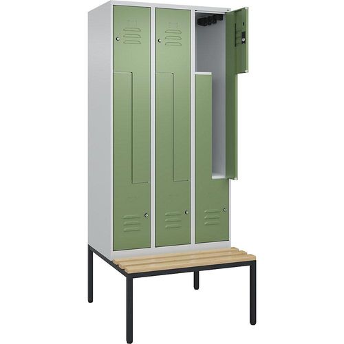 4067521119587 - Z-Spind Classic PLUS Sitzbank 3 Abteile lichtgrau   resedagrün B 900 mm Zylinderschloss untergebaut Buche-Hartholz C+P