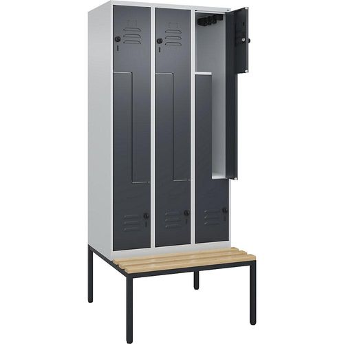 4067521119457 - Z-Spind Classic PLUS Sitzbank 3 Abteile lichtgrau   grau B 900 mm Sicherheits-Drehriegel untergebaut Buche-Hartholz C+P
