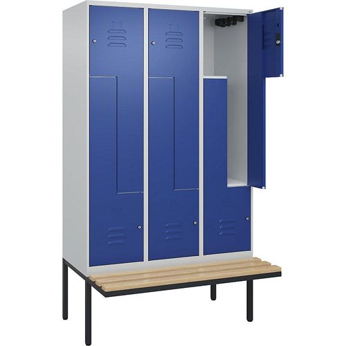 4067521115954 - Z-Spind Classic PLUS Sitzbank 3 Abteile lichtgrau   enzianblau B 1200 mm Zylinderschloss auskragend Buche-Hartholz C+P