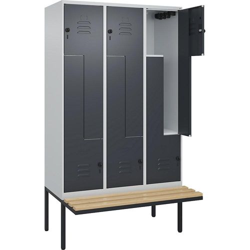 4067521115855 - Z-Spind Classic PLUS Sitzbank 3 Abteile lichtgrau   grau B 1200 mm Sicherheits-Drehriegel auskragend Buche-Hartholz C+P