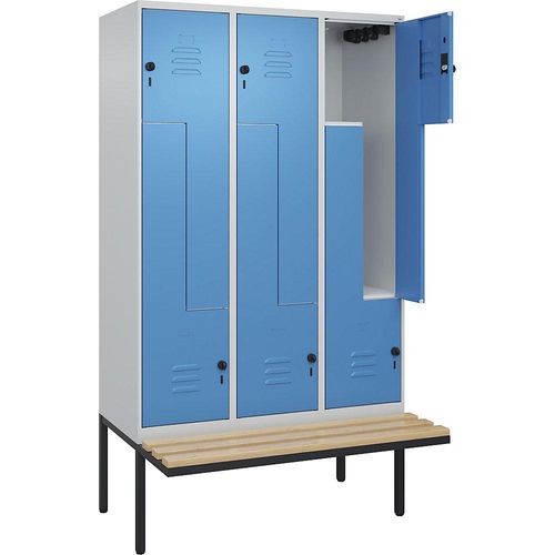 4067521115817 - Z-Spind Classic PLUS Sitzbank 3 Abteile lichtgrau   lichtblau B 1200 mm Sicherheits-Drehriegel auskragend Buche-Hartholz C+P