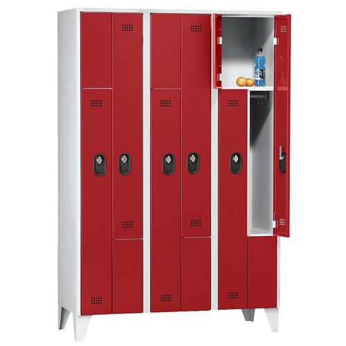 4250618246673 - Z-Garderobenschrank Fachhöhe 820 mm HxBxT 1850 x 1200 x 500 mm Abteilbreite 400 mm Korpus-   Türfarbe Lichtgrau   Feuerrot